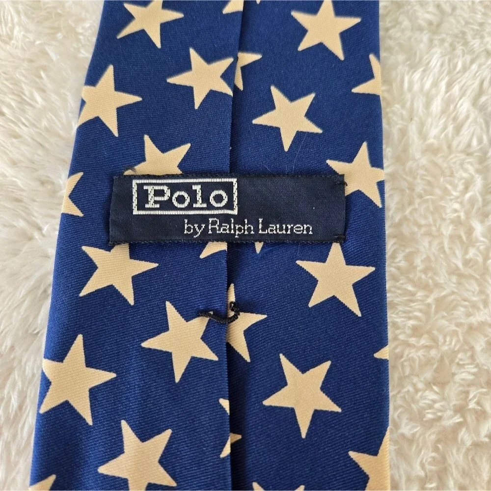Vintage Polo Ralph Lauren Blue and White Star (American Flag) Pattern Men's Tie
